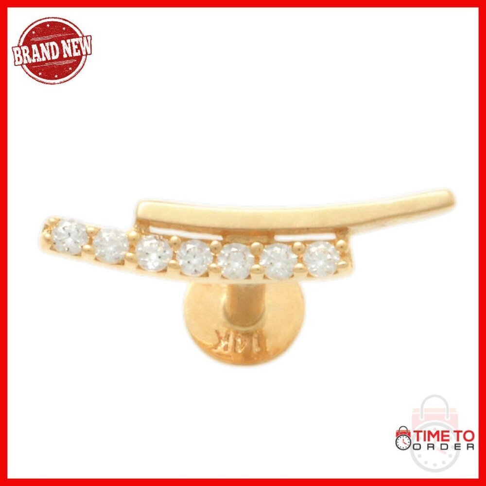 14K Solid Gold Curved Bar CZ Stud Earring for Cartilage Piercings